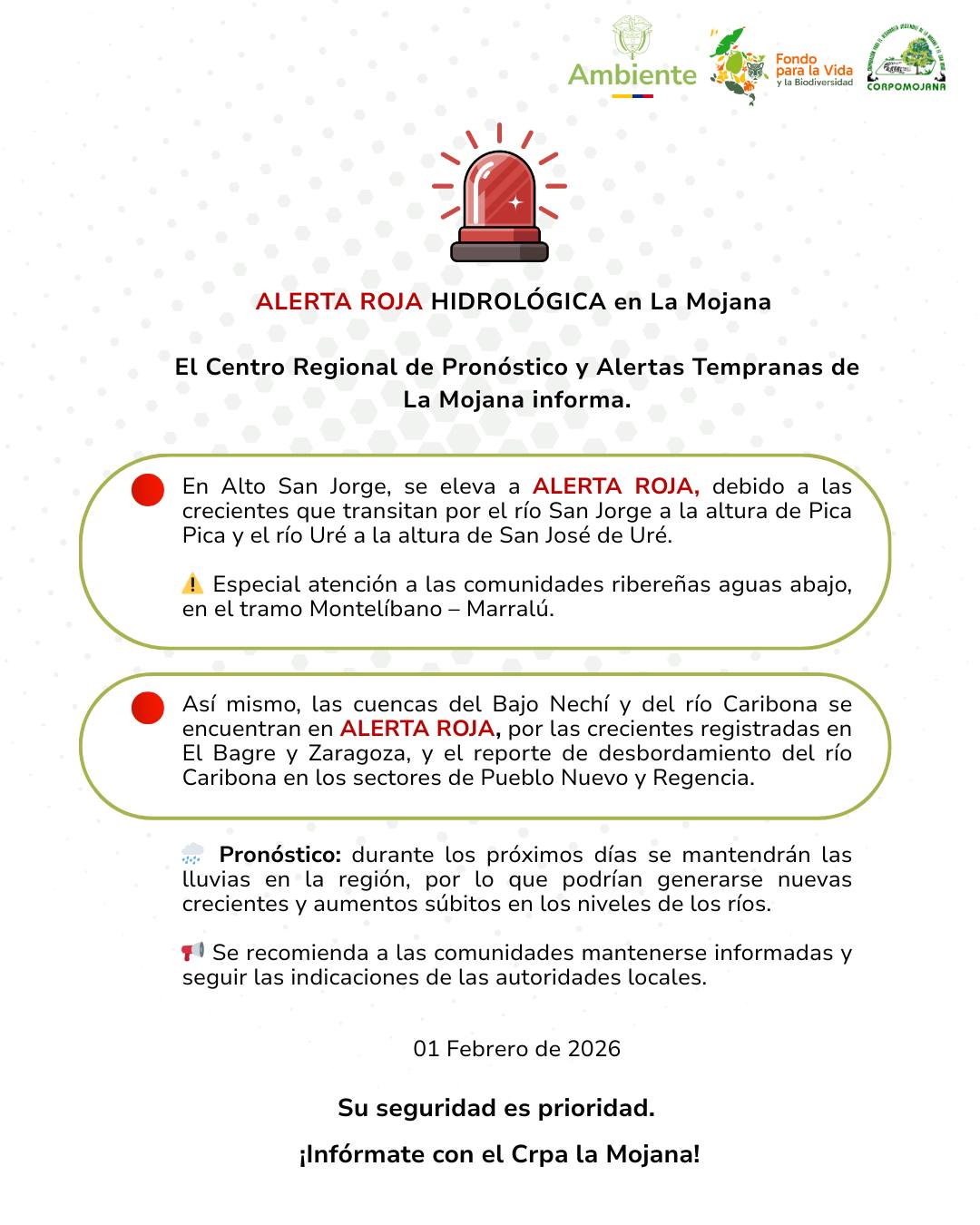  ALERTA ROJA – LA MOJANA  01-febrero-2026