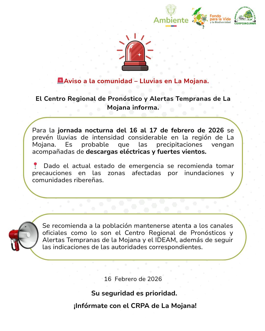 Aviso a la comunidad- LLuvias en la mojana